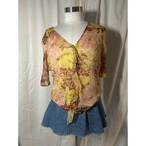 Edward Womens 100% Silk Floral Ruffle V-Neck Blouse Yellow Pink Brown Large